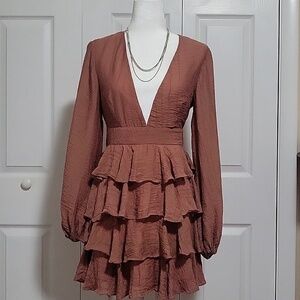 Angel Biba Deep V- Neck Back Zip Balloon Sleeve Ruffled Party Dress - Size S